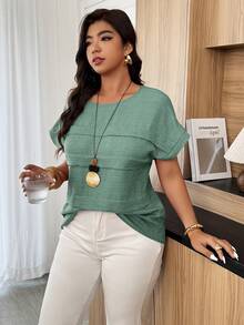 Weeklong Plus Size Women's Casual Pleated Round Neck Loose Dolman Sleeve Blouse, Suitable For Daily Wear And Vacation - Army Green - View 3