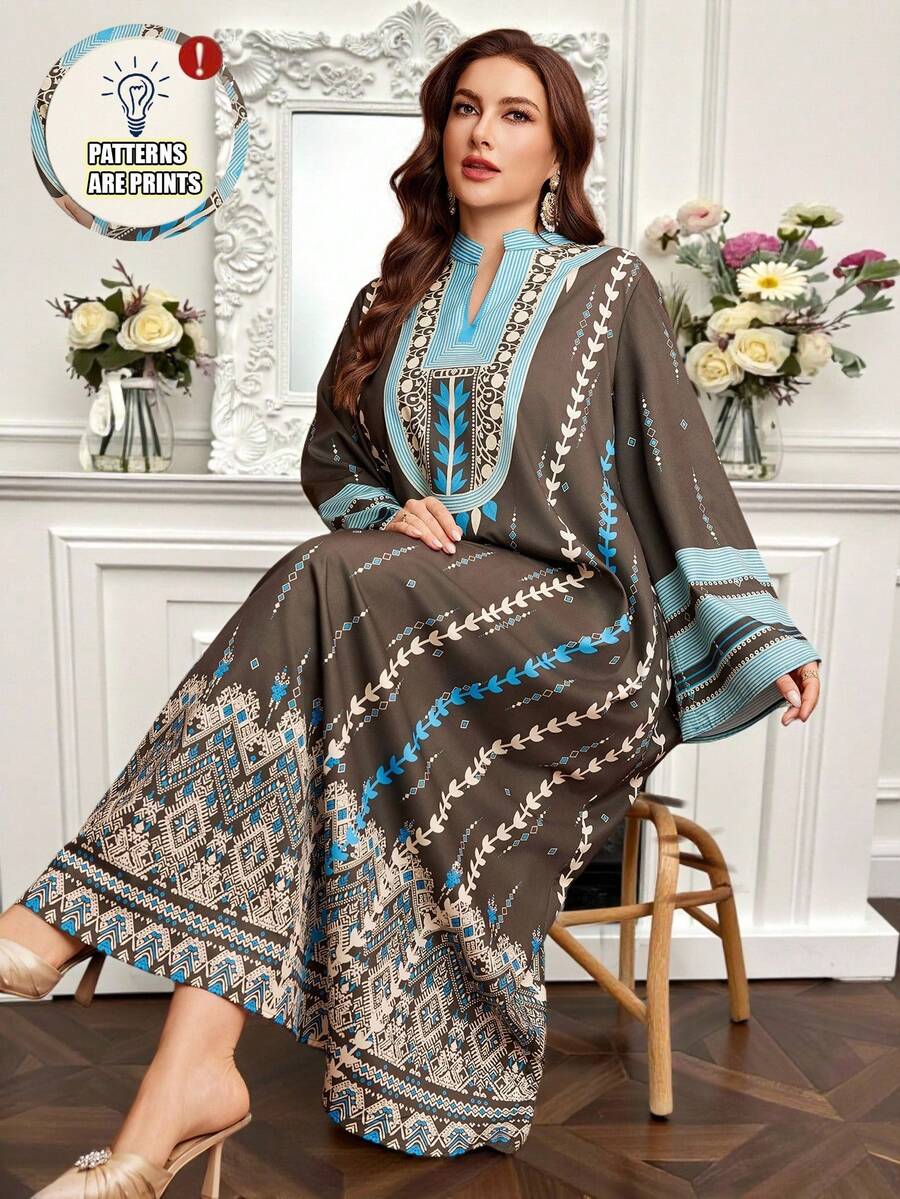 Al Najma Vestido maxi elegante de manga larga y holgado con estampado floral para tallas grandes, estilo árabe - Multicolor - Ver 1