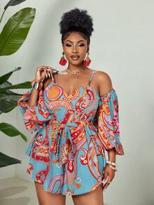 Maweii Mono elegante con estampado floral y fruncido para mujer talla grande - Celeste - Ver 6