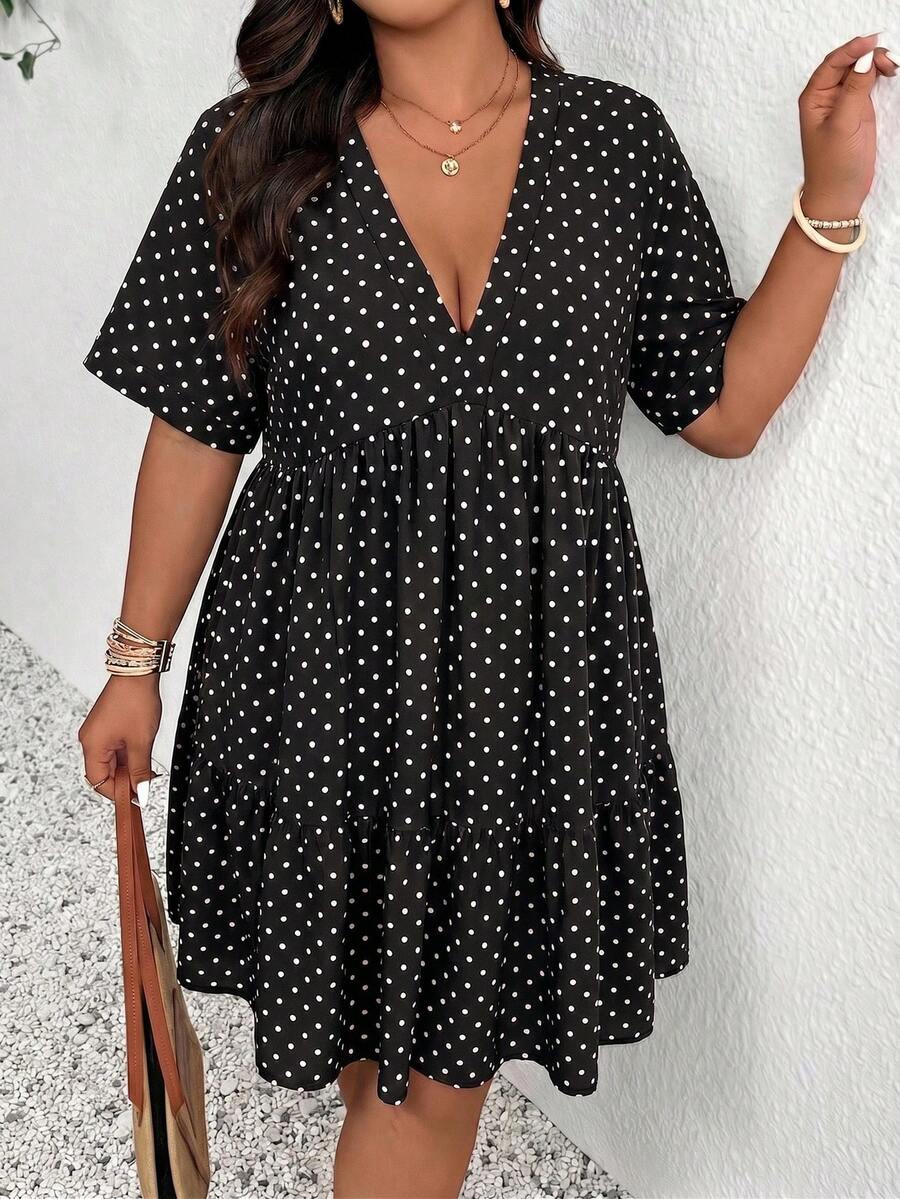 SHEIN Frenchy Plus Size Women's Fashionable Polka Dot Print Casual Dress, Suitable For Dates - Black - View 1