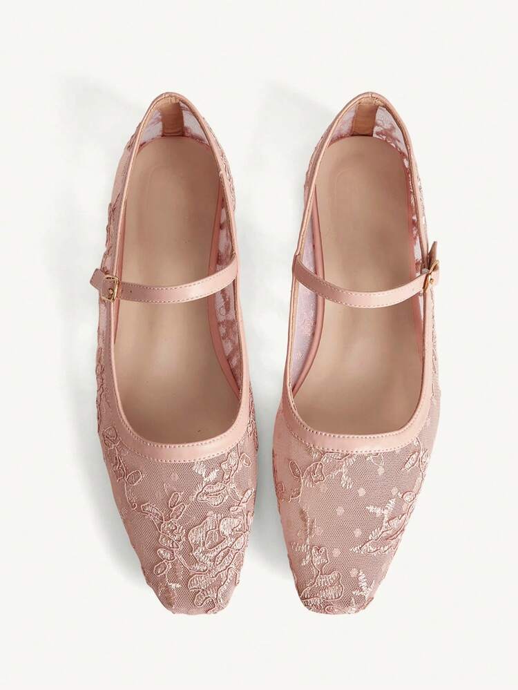 CUCCOO CHICEST Women Shoes Small Square Toe Flat Bottom Pink Lace Mesh Breathable Women's Low Vamp Flat Sole Shoes Light, Comfortable And Simple Commuting Daily Versatile Mary Jane Women Flat Sole Shoes