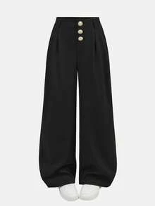 SHEIN Girlism 少女休闲直筒裤，复古优雅褶裥高腰阔腿裤，夏季通勤百搭 - 黑色 - 查看 3