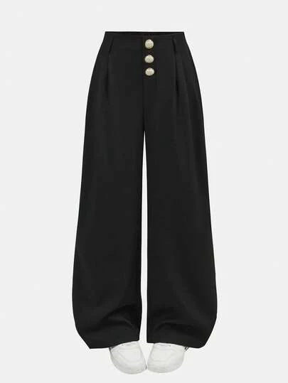 SHEIN Girlism Teen Girls Casual Straight Leg Pants, Vintage Elegant Pleated High Waist Wide Leg Trousers, Versatile For Summer Commuting