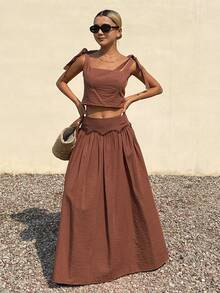 DAZY Women's Solid Color Cropped Tie-Front Camisole & Ruffle Hem Long Skirt Elegant Summer 2-Piece Set Boho Short Sets For Women Vacation Outfits Women - Brown - View 8