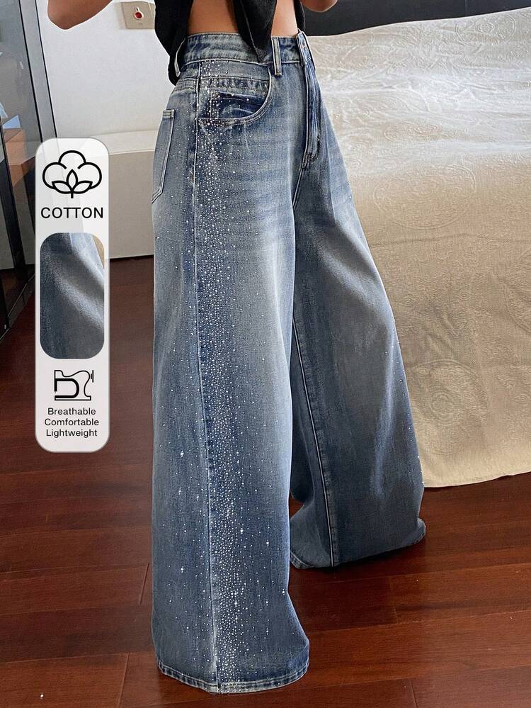 Distressed Washed Rhinestone Decor Casual Vacation Wide Leg Jeans For Women
