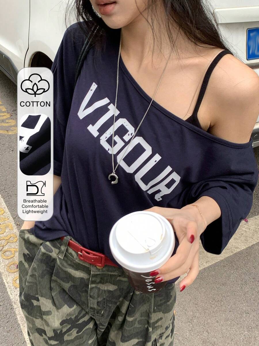 DAZY Letter Print Loose Asymmetrical Shoulder Short Sleeve Casual Summer Top T-Shirt For Women - Navy Blue - View 1