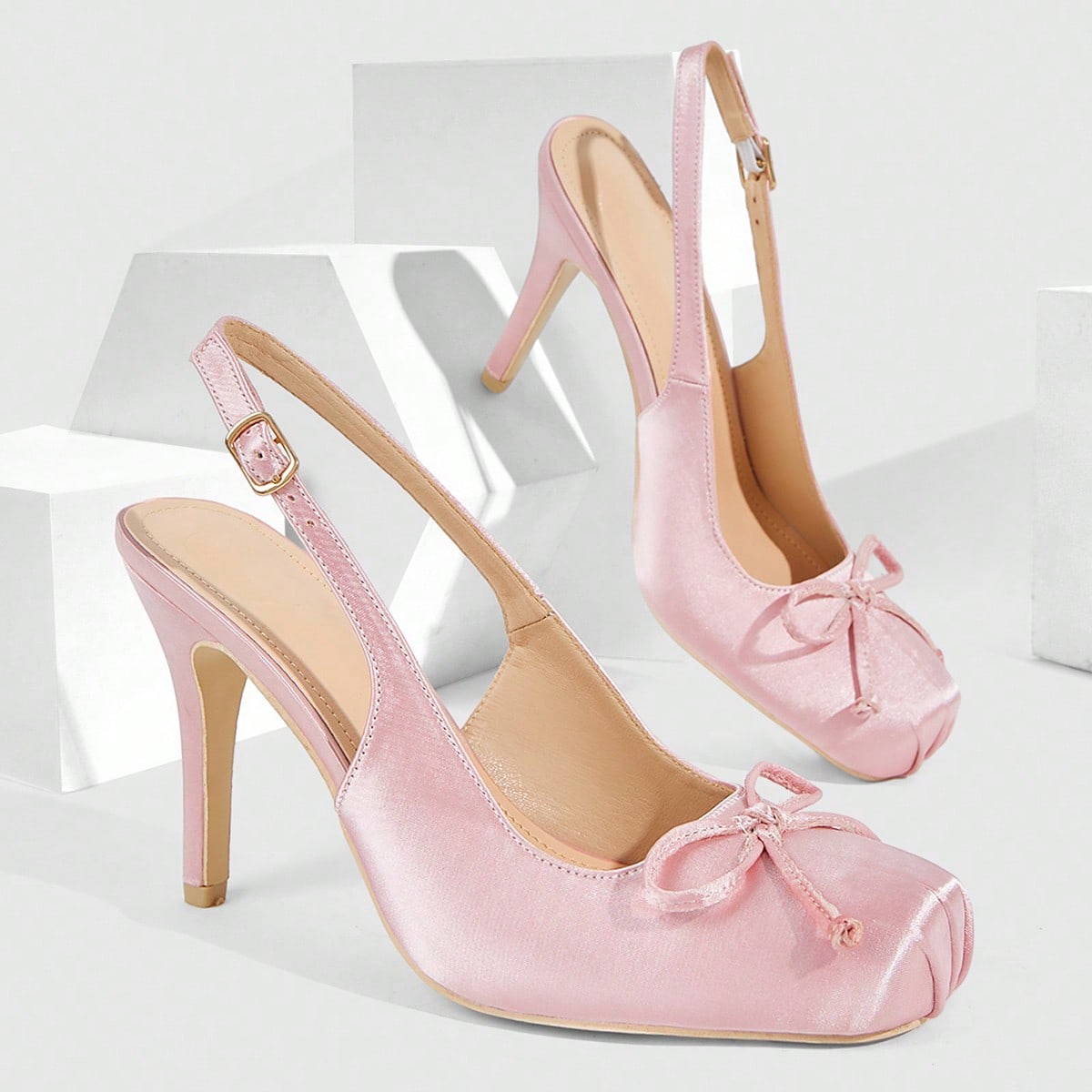 Zapatos de mujer con punta cuadrada, tacón alto rosa, zapatos con tacón hueco y lazo en la parte trasera, estilo lindo, sexy, de fiesta, lolita y de