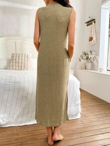 Moonlight&Mama Solid Color Ribbed Knit Sleeveless Maternity Dress With Side Slit, Comfortable Long Nightgown - Beige - View 2