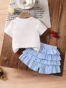 LMoss Kids 2pcs/Set Kids Baby Girl Casual Comfortable Solid Color Round Neck T-Shirt And Plaid Shorts Set - Red - View 2