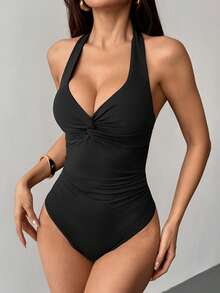 SHEIN PETITE 女士休闲简约前扭结性感连体衣，春夏款 - 黑色 - 查看 5