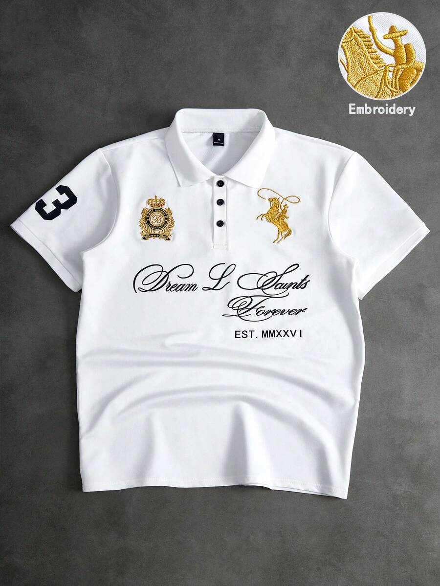 PAVTROS Men's Minimalist Gold Embroidered Floral Short Sleeve Polo Shirt - White - View 1