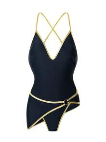 SHEIN Swim SXY 新款女士纯色撞色金色饰边两件式吊带露背系带连体泳衣搭配性感戒指装饰迷你裙，沙滩度假泳装套装 - 黑色 - 查看 3