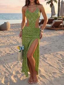 Soleia Women's Vacation Beach Golf Sequin High Slit Backless Halter Dress Luxury Dresses For Women Pastal Summer Sexy - Green - View 3