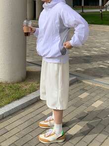 DAZY 纯白色男士弹力腰带短裤，带纽扣裤脚 - 白色 - 查看 4