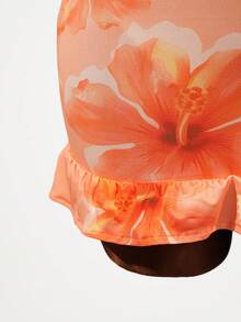 Lyxana Vestido mini casual de vacaciones con estampado floral, cuello halter, lazo y volante en el bajo - Naranja - Ver 5