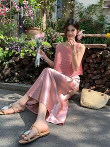 Women's Asymmetrical Hem Top And Skirt Casual 2 Pieces Set - Pink - View 6