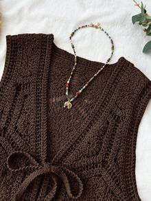 Travachic Áo khoác cardigan ren móc mỏng buộc dây đa năng dành cho nữ - màu nâu - Xem 3