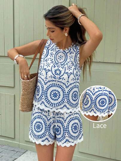 Serisse Women's Vacation Embroidered Round Neck Sleeveless Top And Waist Tie Loose Shorts 2-Piece Set