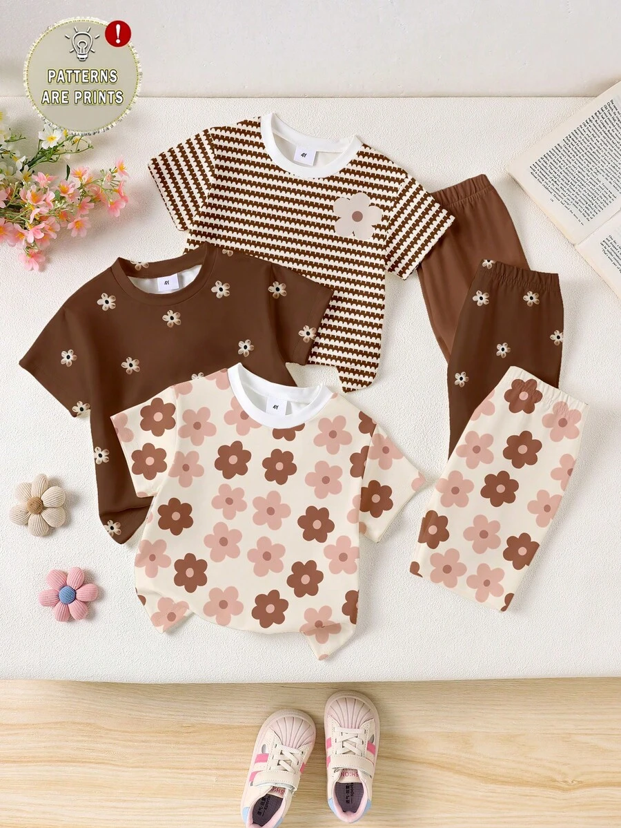 Bộ 6 món cho bé gái, gồm áo tay ngắn và quần short in họa tiết hoa và sọc, dễ thương, thích hợp mặc ngoài trời vào mùa hè. - Nhiều màu - Xem 1
