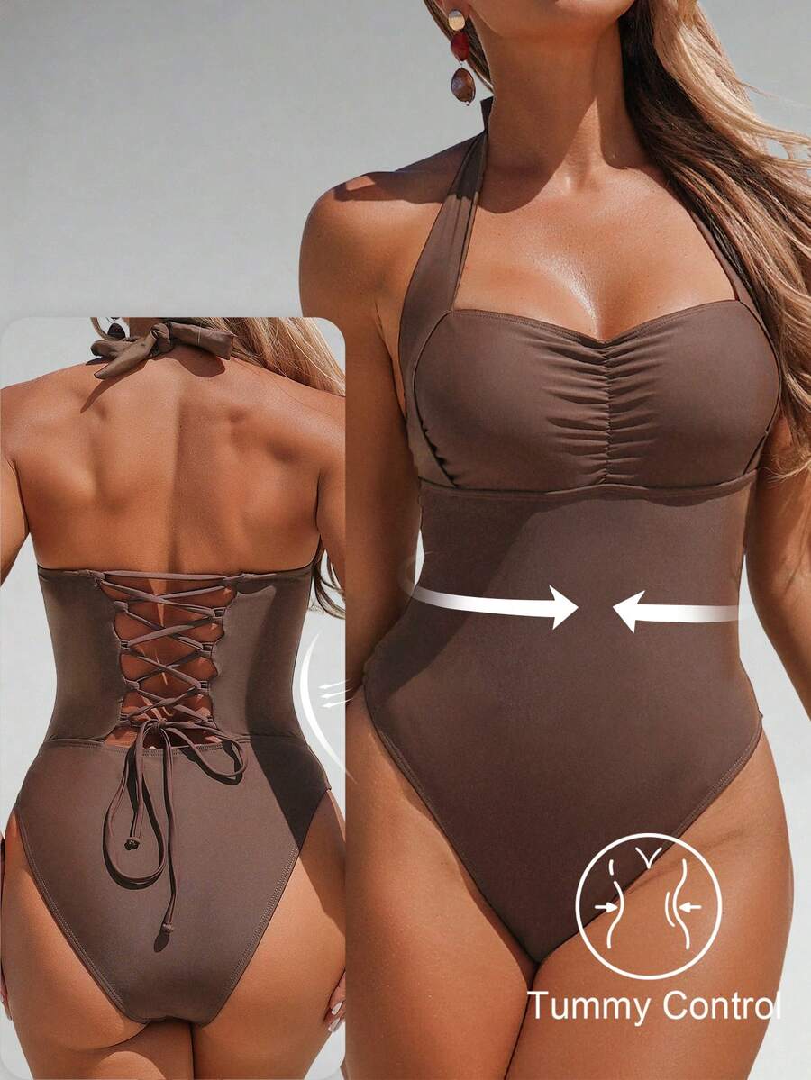Shapewave Maiô elegante de uma peça com controle de barriga, em contraste de cores marrom, franzido e modelagem que afina a silhueta, ideal para primavera/verão. - Castanho - Ver 1