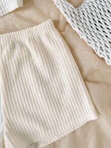 SHEIN Setelan 2 potong untuk anak perempuan usia 2-12 tahun, atasan crop top dan celana pendek bertekstur asimetris dengan detail garis-garis, warna putih gading, cocok untuk musim panas, lucu, liburan, pakaian kasual sehari-hari untuk ke pantai. - Putih - View 7