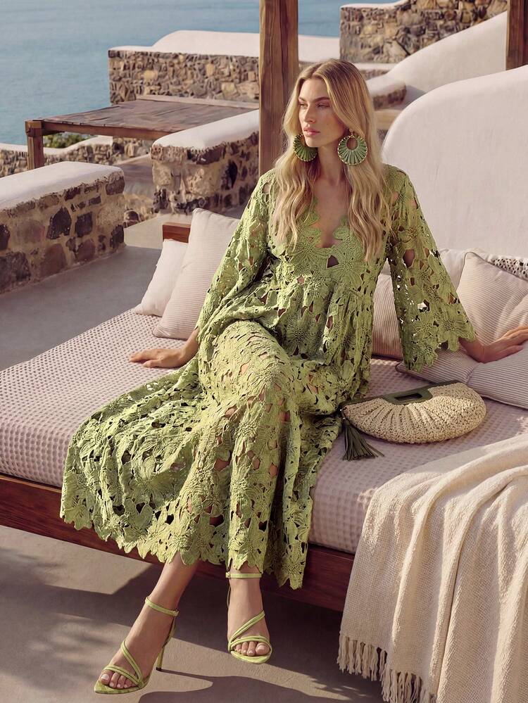 Deep V-Neck Green Hollow Crochet Loose Long Dress, Elegant, Formal, Party, Chic, Work, Graduation
