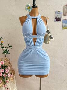 Soleia Women's Light Blue Summer 70s Mini Dress,Hollow-Out Backless Halter Ruched Rhinestone Embellished Boho Beach Vacation Night Out Party Dress - Blue - View 8