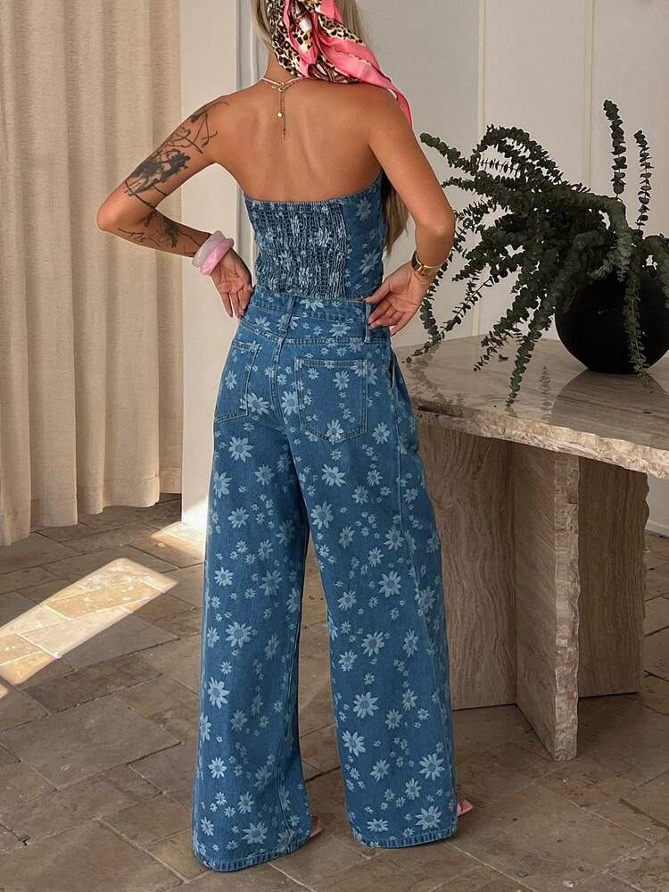 Women's Casual Floral Print Sleeveless Crop Top And Straight Leg Jeans Set, Spring/Summer