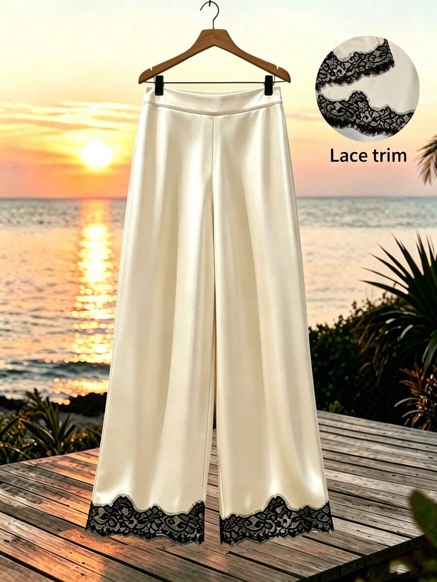 Modelyn Women's Lace Patchwork Satin Drape Pants - Champagne - View 1