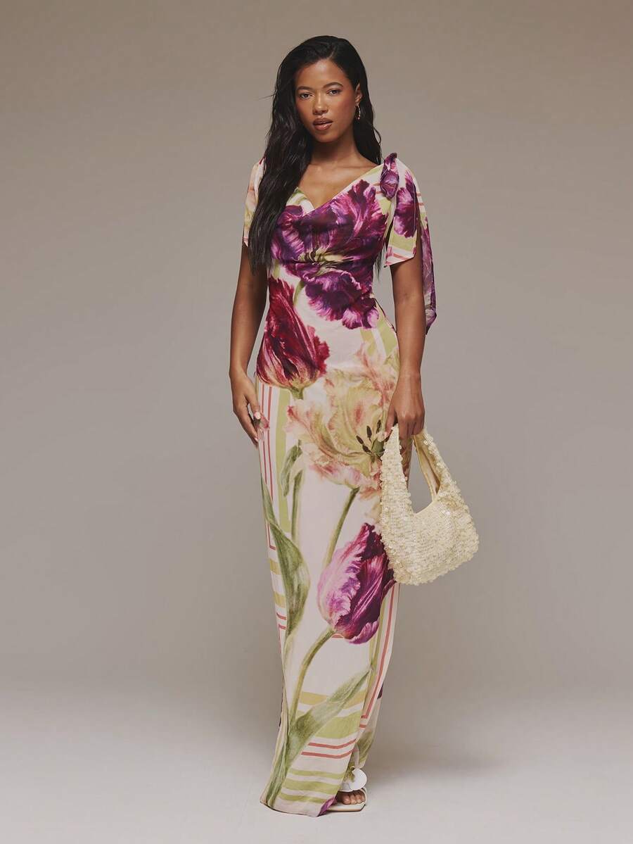 MUSERA 露背系带露肩印花长裙，可爱性感，适合各种场合，如夜晚外出、夏季春季假期、婚礼宾客等。 - 彩色 - 查看 1