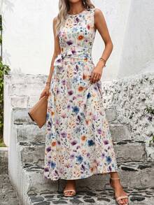 Ellevyn Vacation Casual Floral Print Cinched Waist Sleeveless Dress - Multicolor - View 4