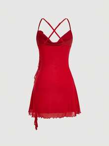 SHEIN MOD Đầm midi nữ thanh lịch với họa tiết hoa 3D và viền bèo nhún. - Đỏ - Xem 3