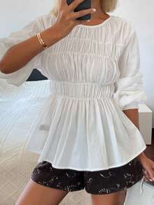 DAZY Women's Round Neck Waist Gathered A-Line Long Sleeve Blouse - White - View 8