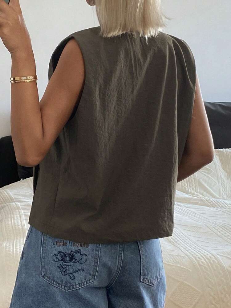 Women's Loose Solid Color Round Neck Sleeveless Casual Vest Jacket, Suitable For Summer Holiday