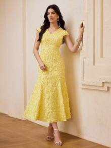 ZEYLAH V-Neck Floral Embroidered Fitted A-Line Dress, Spring/Summer Dinner Yellow Elegant Modest - Yellow - View 6