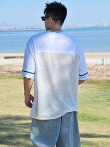 DAZY Camiseta de malla de verano para hombre con estampado de palmeras y letras en parches - Blanco - Ver 2