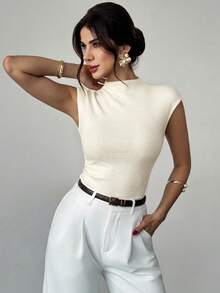 Firerie 女士卡其色高领荷叶袖修身背心，罗纹针织弹力短款上衣，褶皱腰身衬衫，修身衬衫，卡其色百搭基础款上衣，春夏秋冬叠穿吊带衫，优雅，通勤，休闲，日常，简约，工作装 - 杏色 - 查看 7