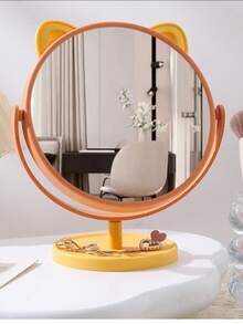 Round Base Cat Ear Makeup Mirror, Dual-Sided HD Desktop Vanity Mirror With Plastic Frame For Home & Dorm - Pink - View 7