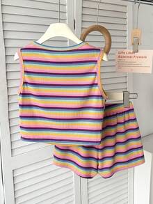 Tween Girl Knit Striped Casual Camisole And Shorts 2 Pieces Set, Fashionable For Vacation - Multicolor - View 2