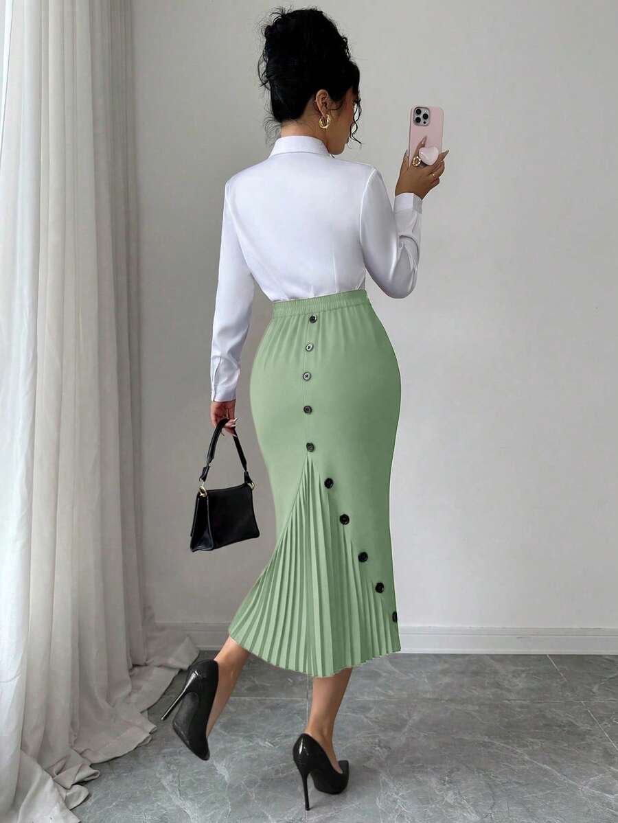Elenzga Plus Size Women Spring/Summer Elegant Fitted Pleated Skirt - Mint Green - View 1