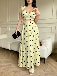 Celisse Setelan 2 Potong Atasan Camisole Motif Polkadot dan Rok Maxi Kancing Depan Modis untuk Wanita - Kuning - View 4