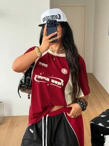 Coolane Women's & Men's Plus Size  Summer  Oversized Inclusive Sizing,Beach Sporty Casual Contrast Letter Graphic Raglan Sleeve Jersey Red T-Shirt, Summer Tops,Holiday,Vacation - Red and White - View 7