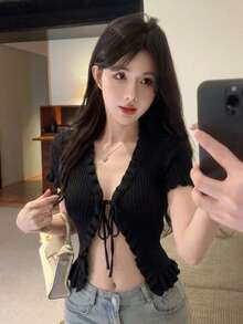 INAWLY Black Korean Style Minimalist Tie-Front Knit Cardigan, Summer Fitted Ribbed Short Sleeve Cropped Sexy Top Tie Front Top Fashion Top Ribbed Knit Top Goth Y2k Tops Short Sleeve Top Genkira Yk2k Tops - Black - View 5