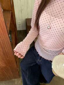 DAZY 女士休闲波点长袖韩版T恤，夏季 - 粉色 - 查看 6
