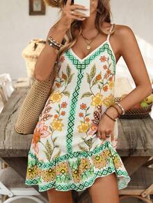 Swim Vcay Gaun Penutup Pantai Wanita dengan Tali Bahu yang Dapat Diatur, Motif Bohemian, Patchwork, dan Hem Berumbai Asimetris, Musim Panas - MultiWarna - View 6