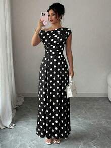 SHEIN Elenzya Đầm chữ A thanh lịch, lãng mạn, bất đối xứng chấm bi, thắt eo, thích hợp cho tiệc trà ngày Valentine. - Nhiều màu - Xem 1