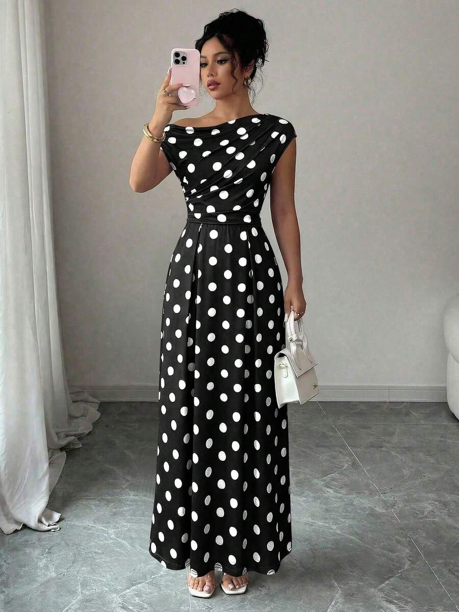 SHEIN Elenzya Đầm chữ A thanh lịch, lãng mạn, bất đối xứng chấm bi, thắt eo, thích hợp cho tiệc trà ngày Valentine. - Nhiều màu - Xem 1