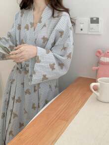女款長款輕量浴袍 柔軟蓬鬆居家服 歐美風簡約長袖睡袍 甜美可愛熊圖案印花 薄款純色睡衣家居服 春秋休閒居家穿著 舒適日常晨袍 - 藍色小熊 - 查看 9