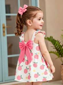 SHEIN Playful Pals 1件女婴舒适休闲常规厚度可爱水果印花方领荷叶袖基本款撞色可爱3D蝴蝶百搭简约优雅连衣裙，适合夏季郊游、上学、旅行、度假和日常穿着 - 彩色 - 查看 8