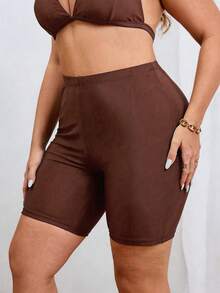 Swim SPRTY Plus Size Women's Solid Color Casual Swim Shorts Bikini Bottoms Butt Lifting Shorts - Brown - View 5